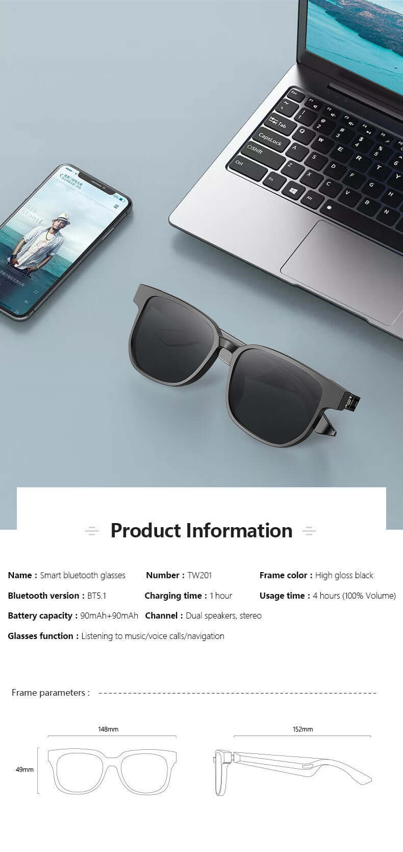 Bluetooth Smart Glasses Music Call