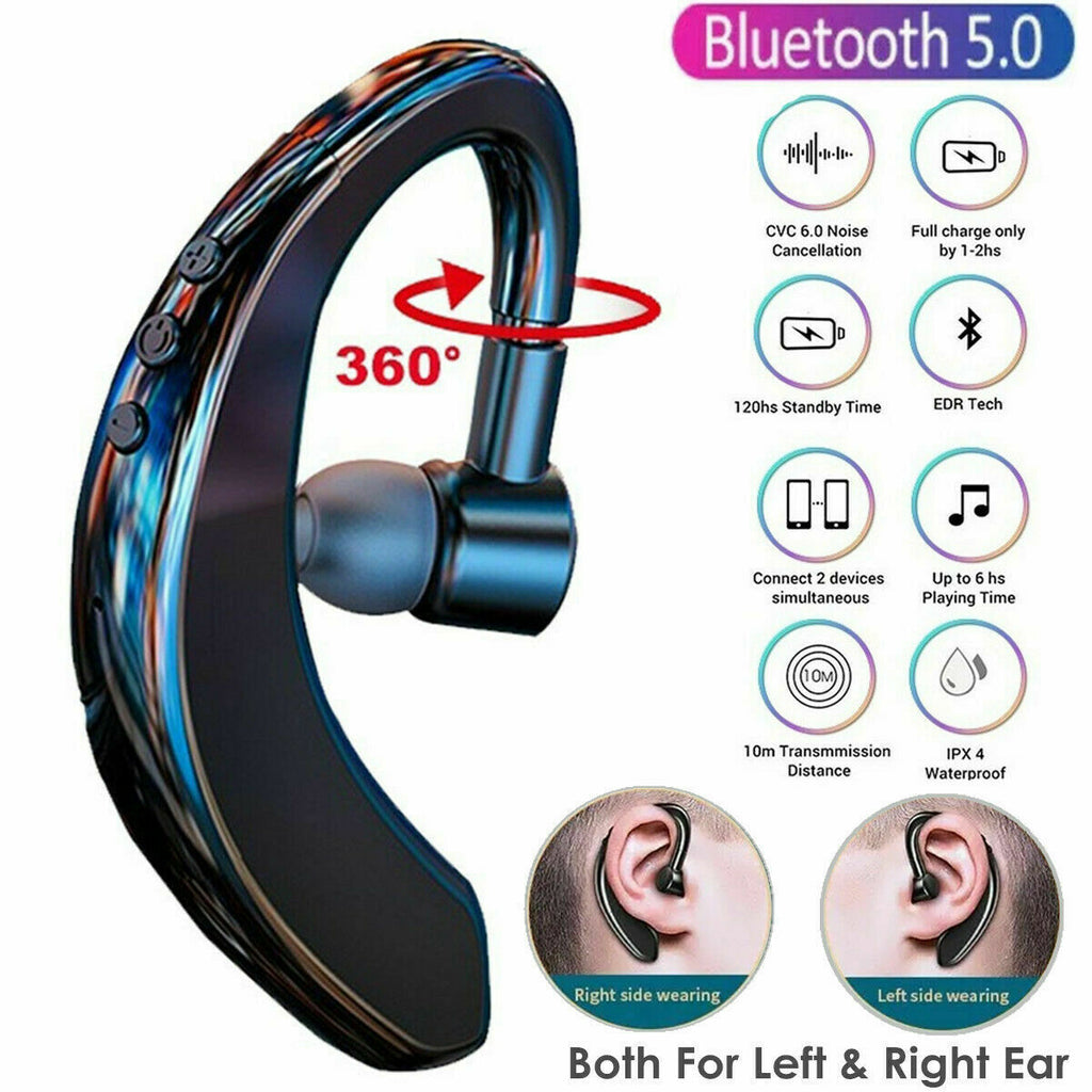 Bluetooth 5.0 wireless earpiece headset with noise cancelling, designed for left and right ear use, featuring a curved ear hook and control buttons on the central part.