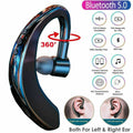 Bluetooth 5.0 wireless earpiece headset with noise cancelling, designed for left and right ear use, featuring a curved ear hook and control buttons on the central part.